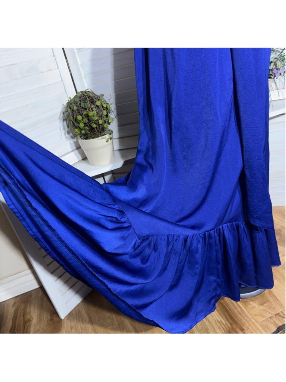 Minuet royal blue cocktail maxi dress fit flare ruched waist low sexy back sz L - Picture 12 of 14